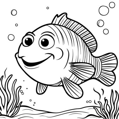 Cute smiling fish swimming above sea plants Great for underwater themed coloring fun