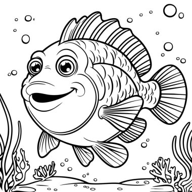 Büyük gözlü neşeli bir çizgi film balığı kabarcıklar ve mercanlar arasında neşeyle yüzer.