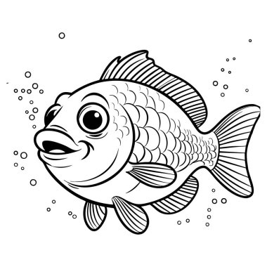 Kabarcıklarla çevrili anlamlı gözleri ve pulları olan neşeli bir çizgi film balığı.