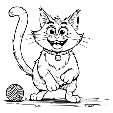 Büyük gözleri ve yerde yumağı olan sevimli çizgi film kedisi.