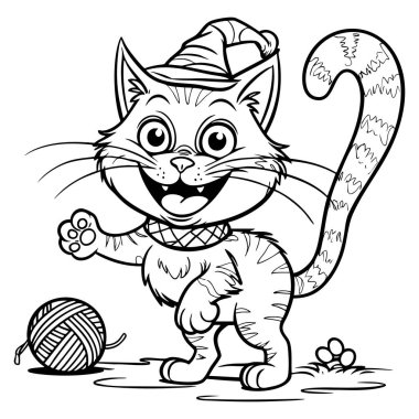 Çocuklar için çizilen bu komik resimde sevimli, rahat bir uyku şapkası olan sevimli kedi yavrusu iplikle oynamaya hazır.