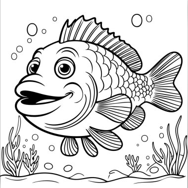 Okyanusta yüzen neşeli balıklar bu su manzarasında mercan ve kabarcıklarla çevrili.