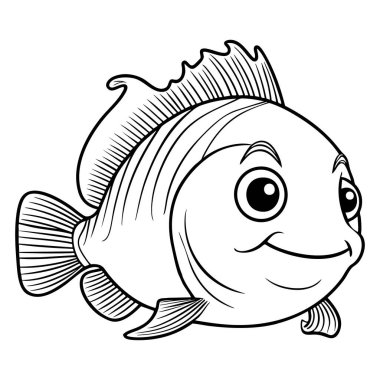 Kocaman yuvarlak gözleri ve detaylı yüzgeçleri olan gülümseyen bir çizgi film balığı.