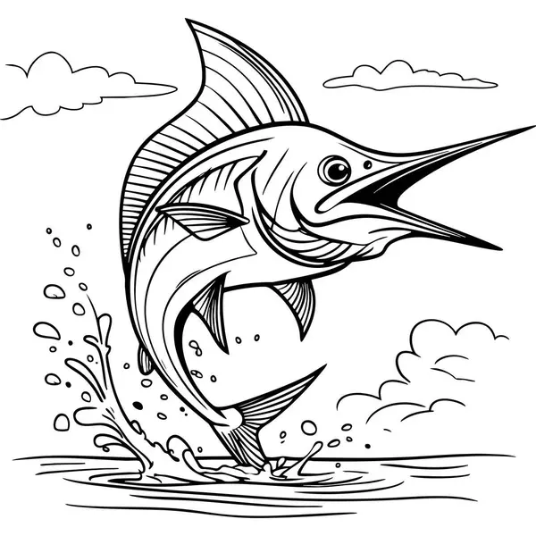 Cesur bir kılıç balığı gökyüzünde bulutlarla sudan atlıyor.