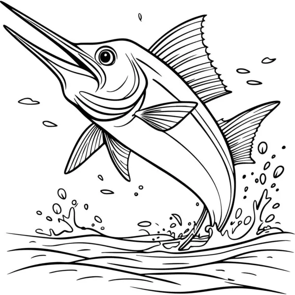 Okyanustan patlayan bir kılıçbalığı ayrıntılı bir şekilde çizilmiş.