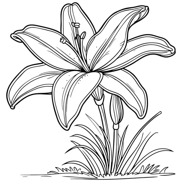 Tomurcukları ve boyası olan tek bir zambak çiçeğinin ana hatları.