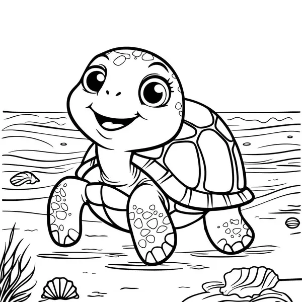 Sahilde gezen neşeli bir kaplumbağa yavrusu