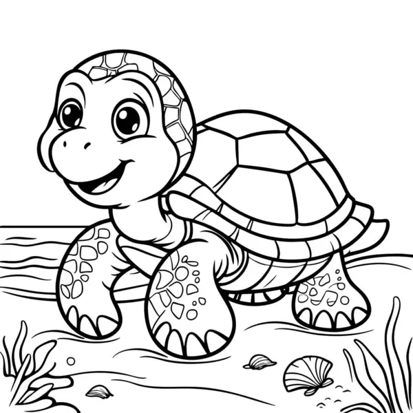 Gülümseyen neşeli bebek kaplumbağa kumsalda yürüyüş yapıyor.