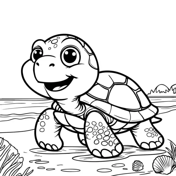 Okyanus kenarında gülümseyen bir kaplumbağa bu neşeli sahnede oynamaya hazır.