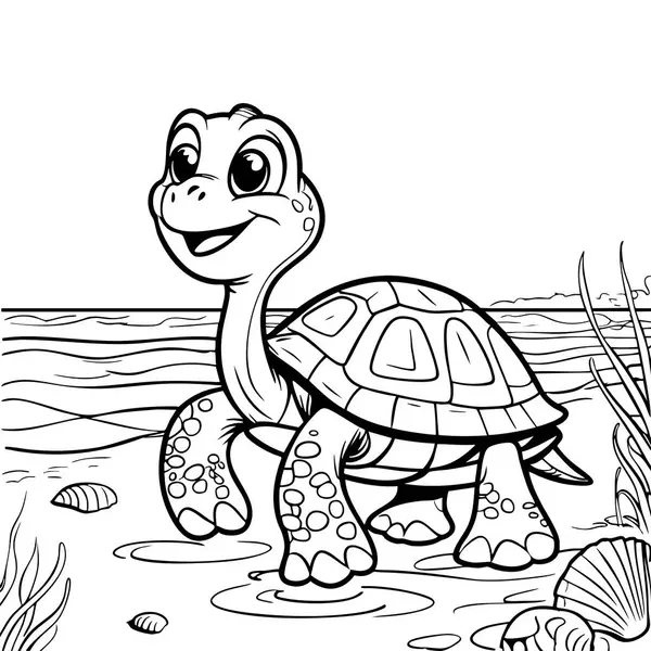 Kumsalda neşeli bir kaplumbağa Suyun ve güneşin tadını çıkarıyor