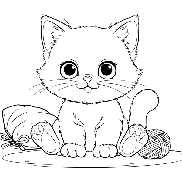 Kedi severler için ideal bir yastık ve yün yumağının yanında oturan kocaman gözlü tatlı bir kedi yavrusu.