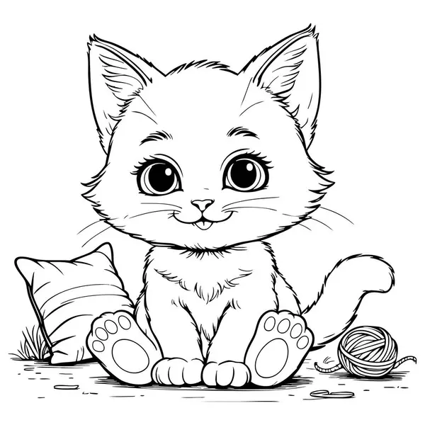 Yastık ve iplik yumağıyla oturan sevimli tüylü bir kedi yavrusu boyama eğlencesi için ideal.