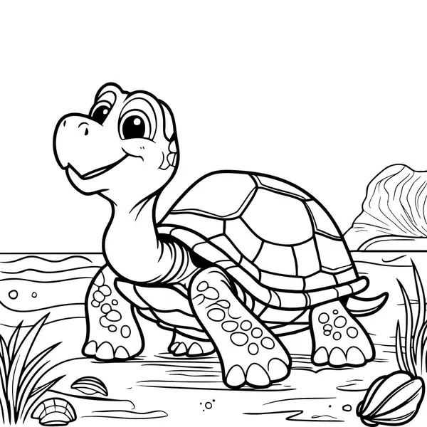 Sahilde duran neşeli çizgi film kaplumbağası okyanus temalı eğlence için harika.