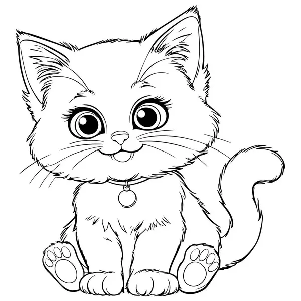 Kocaman gözleri olan sevimli, tüylü bir kedi. Çan tasması ve şakacı bir dili var. Çocuk boyama sayfaları için harika.