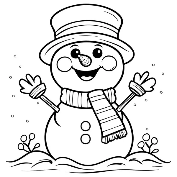 Kar tarlasında sallanan şapkalı ve eşarplı neşeli bir kardan adam.