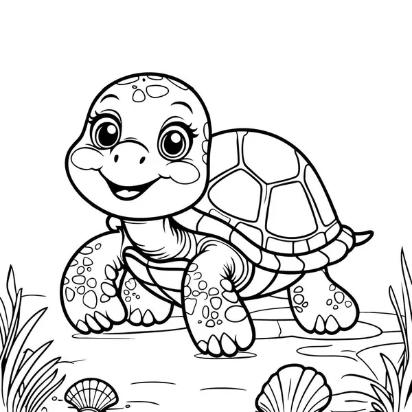 Koca gözlü bir bebek kaplumbağa sahilde neşeyle yürüyor.