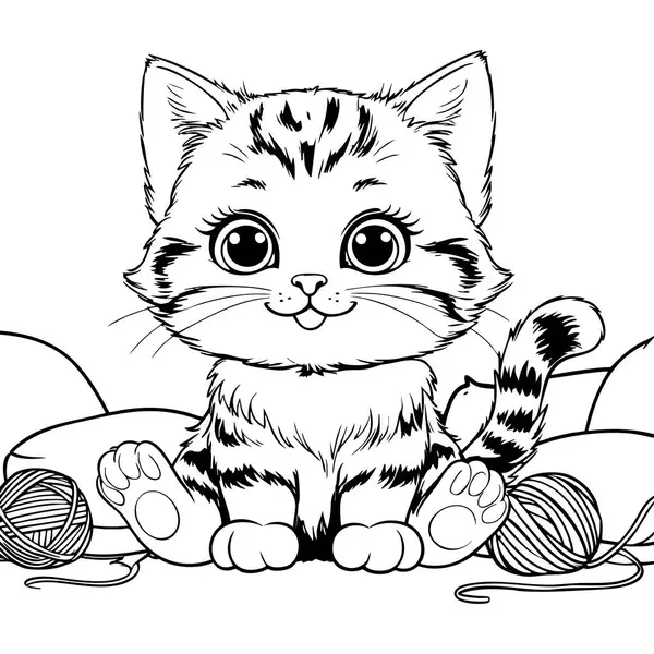 Sevimli kedi yavrusu iplik yumaklarıyla mutlu mesut oturuyor.