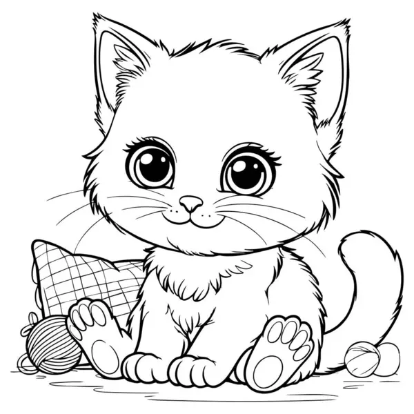 Yumuşak kürklü çizgi film kedisi oyuncakları ve yastığın yanında oturuyor.