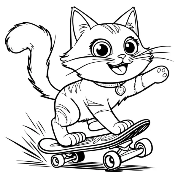 Neşeli bir çizgi film kedisi kaykay sürerken heyecanla gülümsüyor.