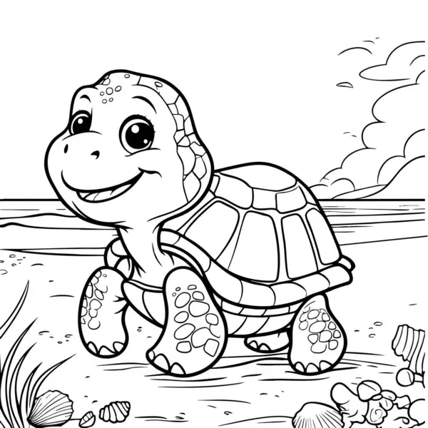 Sahilde deniz kabuklarıyla çevrili gülümseyen kaplumbağa çizgi filmi.