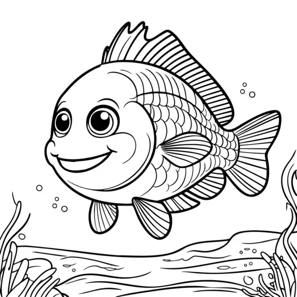 Okyanusta yüzen büyük gözlü neşeli bir balık. Etrafı yosun ve baloncuklarla çevrili.