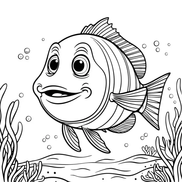 Deniz yosunu ve kabarcıklarla çevrili gülen karikatür balıkları.