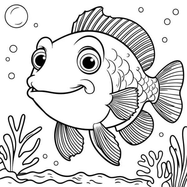 Gülen bir karikatür balığı okyanusta yüzer. Etrafı baloncuklarla çevrilidir.