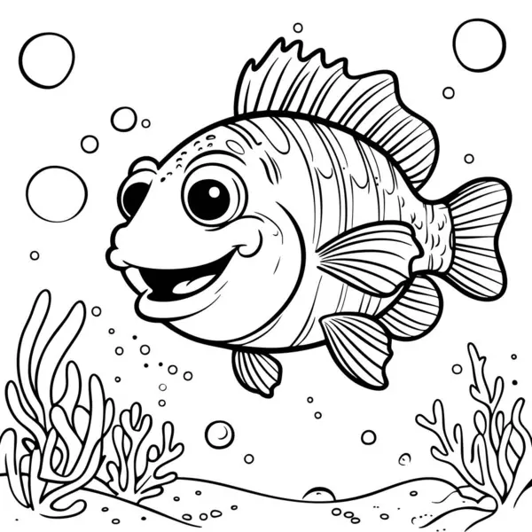 Okyanus kabarcıklarıyla mercan resifinde gülümseyen tombul çizgi film balıkları.