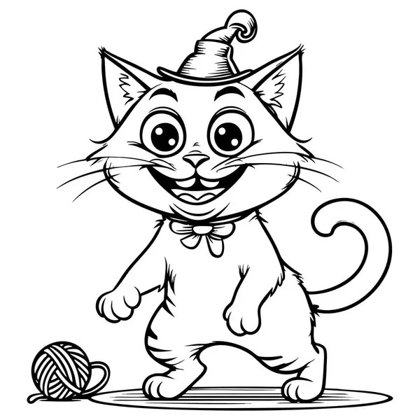 Parti şapkalı çizgi film kedisi iplik yumağı ve büyük bir gülümsemeyle