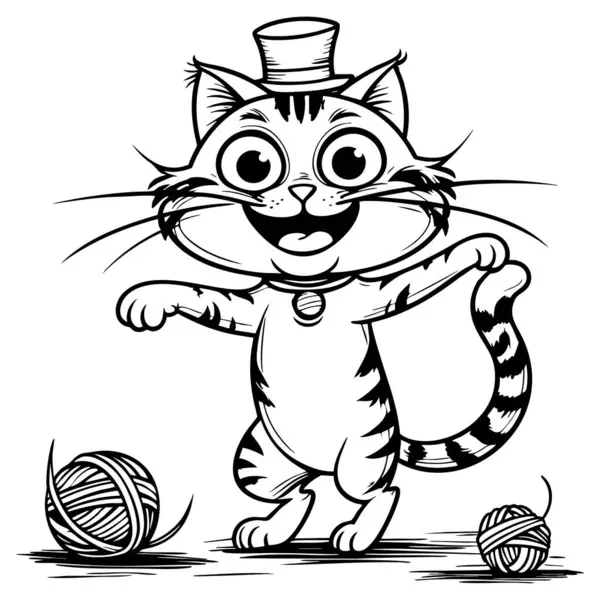 Çocuklar için boyama sayfasında yün yumaklarıyla oynayan silindir şapka takan sevimli kedi.