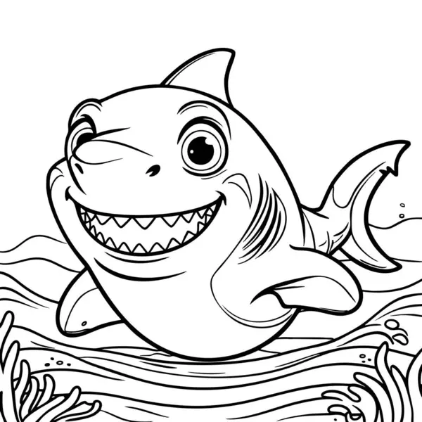 Gülümseyen mutlu köpekbalığı, bu eğlenceli okyanus temalı renkli sayfada suyun altında yüzüyor.