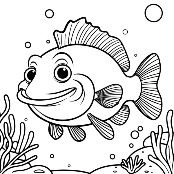 Kabarcık ve mercan elementleriyle çevrili resif manzaralı sualtı karikatür balığı.