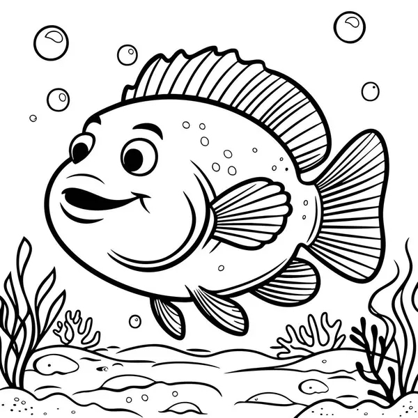 Deniz tabanında yüzen neşeli yuvarlak balıklar ve genç çocukların boyaması için ideal mercan.