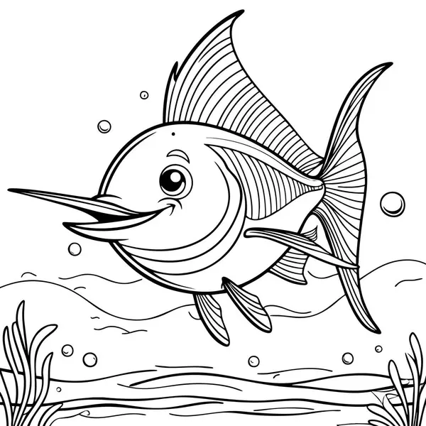 Baloncuklu sualtı sahnesinde gülümseyen kılıç balığı karikatürü.