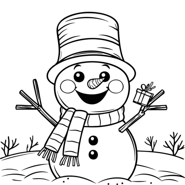 Atkı ve şapka takan neşeli bir kardan adam karlı bir arazide küçük bir hediye tutuyor.