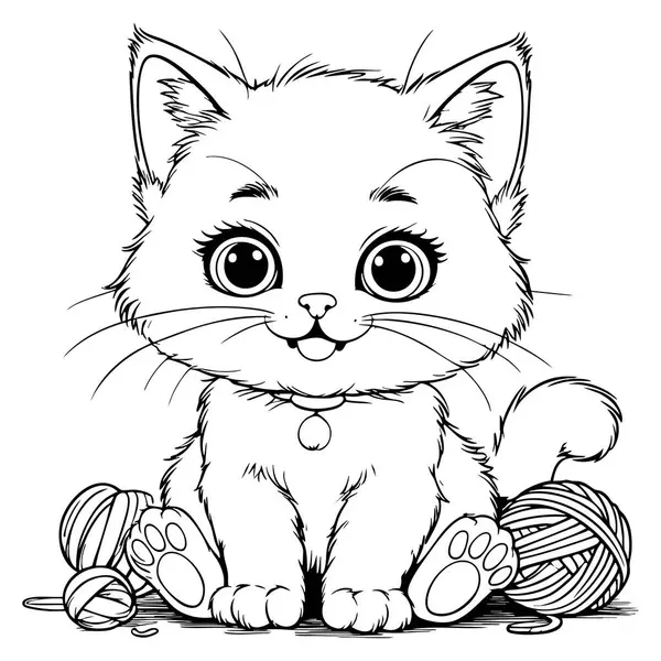 Sevimli çizgi film kedisi iplik toplarıyla oturmuş eğlenceli bir renk aktivitesi için mükemmel.