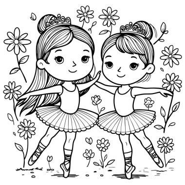 Çiçeklerle çevrili ve mutlu bir şekilde gülümseyen, bale etekli iki kızın siyah beyaz çizimi.