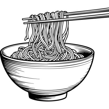 Eriştelerle dolu bir kasenin siyah beyaz çizgili sanatı. Çubuklar erişteleri kasenin üzerine kaldırıyor.