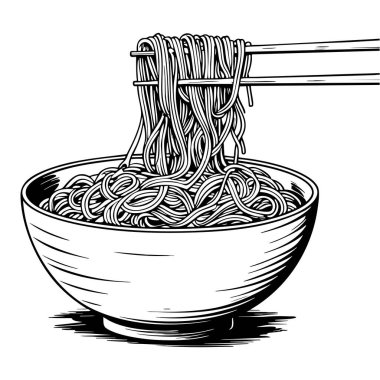 Bir kase dolusu eriştenin detaylı çizimi, yemek çubukları, boyama aşıkları için ideal.