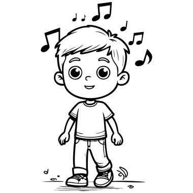 Neşeli bir çocuğun çizgi sanatı. Müzik notalarıyla yürüyor, neşeli ve neşeli bir anın tadını çıkarıyor.
