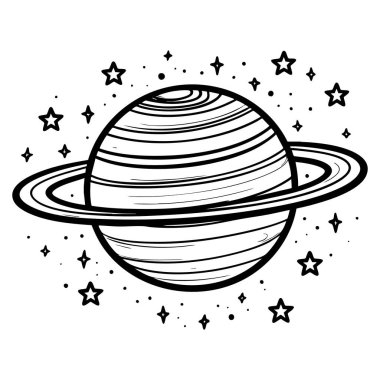 Satürn 'ün şekillendirilmiş siyah beyaz çizimi halkaları ve etrafındaki yıldızlarla renklendirme etkinliği için mükemmel.