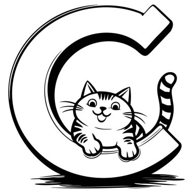 Kocaman bir C harfinin içinde oturan sevimli, güler yüzlü kedi yavrusu. Çocukların eğitici materyalleri için ideal.