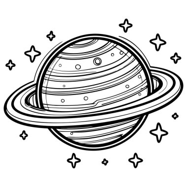 Halkaları, yıldızları ve uzay elementleriyle biçimlendirilmiş çizgi film gezegeni, renk ve uzay temaları için mükemmel.