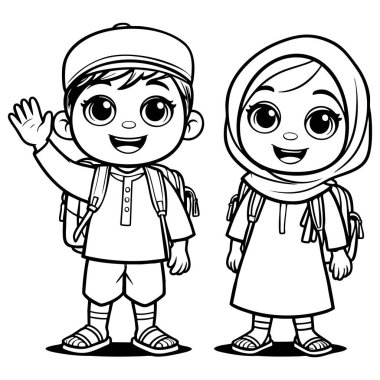 Sevimli çizgi film çocukları, bir oğlan ve bir kız, gülümseyen ve mutlu bir şekilde el sallayan, okul maceralarına hazır