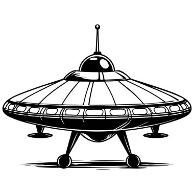 Biçimlendirilmiş uçan daire UFO 'sunun basit siyah beyaz çizimi bilim kurgu boyama sayfaları için uygundur.