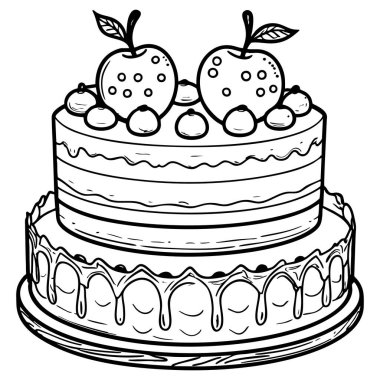 Çilek, yaban mersini ve yapraklarla süslenmiş iki katlı lezzetli bir pastanın siyah beyaz çizimi.