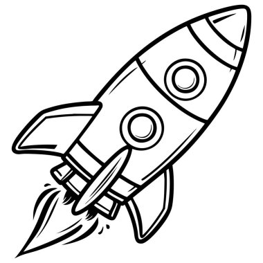 Güzel bir çizgi film roket gemisi uzaya alev ve dumanla uçuyor. Renklendirmek için mükemmel.