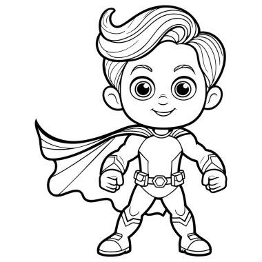 Kendine güvenen süper kahraman çocuk. Kocaman gözleri, kostüm, kemer, bot ve pelerin gibi zırhı var.