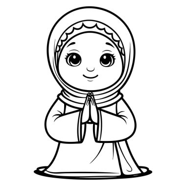 Çizgi filmdeki tesettürlü kız elleri dua ederken, büyük anlamlı gözleriyle nazikçe gülümsüyor, huzurlu ve sevimli.