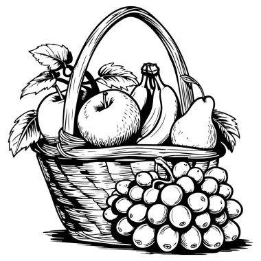 Elmalar, armutlar, muzlar ve yapraklarla çevrili sulu üzümler de dahil olmak üzere çeşitli taze meyvelerle dolu sepet.